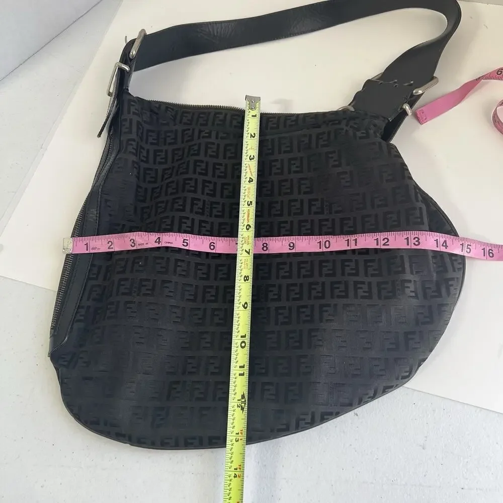 Authentic Fendi Vintage Zucca Canvas And Leather Oyster Bag Black Zip Closure